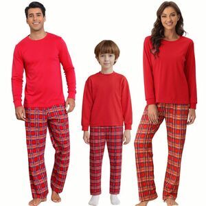 Men's Christmas Long Sleeve Tee with Pants Plaid Pajama Sets Red